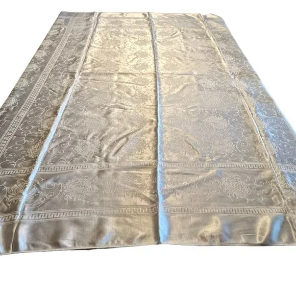 Sold🎈Damask Tablecloth Rectangular Floral Swirl Greek Key Border White - Picture 3 of 11